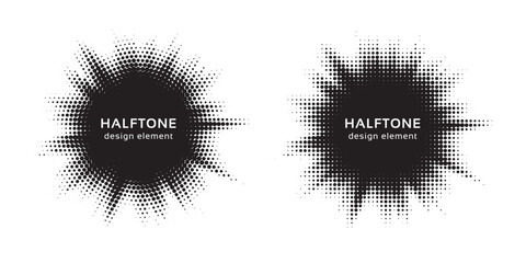 Aufkleber - Halftone circle frame background set. Round border Icon using halftone random circle. Grunge circular stain. Vector illustration.