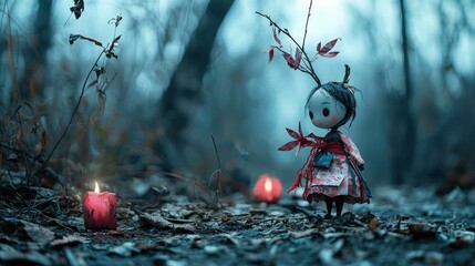 Wall Mural - Mysterious doll encounter enchanted forest photography nighttime close-up eerie atmosphere for storytelling