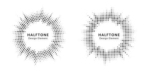 Aufkleber - Halftone circle frame background set. Round border Icon using halftone random circle. Grunge circular stain. Vector illustration.