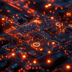 Poster - Close-up view of an abstract circuit board with bright orange and red glowing lines. Futuristic Technology Backgrounds. Abstract Circuit Board Glowing in the Dark