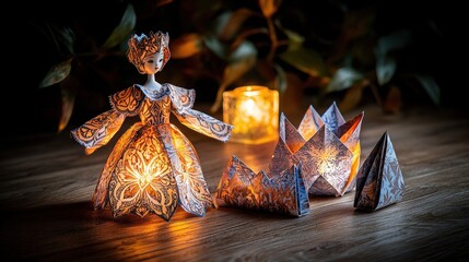Aufkleber - Creative paper art event illuminated figurine and geometric shapes cozy room artistic display whimsical concept