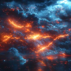 Leinwandbilder - A breathtaking digital artwork depicting a fiery storm with intense lightning. Dark, dynamic, and full of energy. Futuristic Technology Backgrounds Fiery Celestial Storm: A Digital Masterpiece