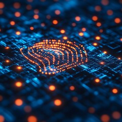 Aufkleber - A digital fingerprint, glowing orange on a blue circuit board. Represents biometric security. Futuristic Technology Backgrounds Abstract Digital Circuit Board: Glowing Network