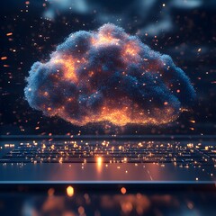 Aufkleber - Abstract digital art depicting a glowing cloud above a laptop keyboard, symbolizing cloud computing and data transfer. Futuristic Technology Backgrounds Digital Cloud Computing of Data Transfer