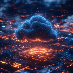 Leinwandbilder - Abstract visualization of cloud computing, data raining down onto a glowing circuit board. Futuristic Technology Backgrounds Digital Rain: Cloud Computing Visualization