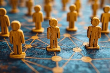 Wall Mural - wooden figurines connecting in a network on a blue surface representing teamwork, collaboration, and