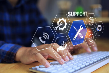 technical support and customer service concept with man using computer to searching the support chan