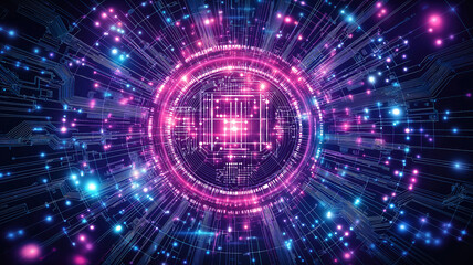 Wall Mural - purple, violet, and blue neon background featuring digital integrated network technology and circuit