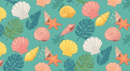 Naklejka na meble Colorful seashells pattern with tropical leaves
