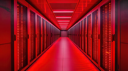 Wall Mural - shot of a working data center corridor filled with rack servers and supercomputers under high danger
