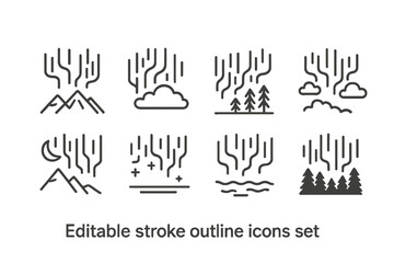 Poster - Variety of vector illustration line icons featuring nature themes including mountains, clouds, trees, and water elements for creative designs