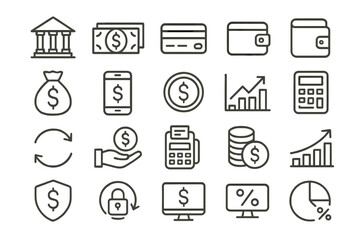 Poster - Vector illustration of financial line icons depicting various monetary concepts and tools for budgeting and investing