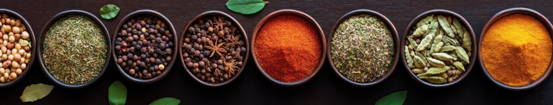 indian seasoning collection on colored spice background, top view