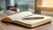 © Benxiumo - Open Notebook with Pen: An open notebook with lined pages, resting on a wooden desk, is ready to capture thoughts and ideas, with a  silver fountain pen placed thoughtfully on the pages. The warm.