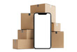 © PNGuin Studio - Blank smartphone surrounded by cardboard boxes, isolated on transparent cutout background