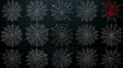 spider webs. White cobweb silhouette isolated on black background. Set of doodle spider webs