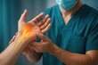 © Wararat - Close-up of hands surgeon in uniform assessing wrist pain in carpal tunnel syndrome, showing light effect and median nerve anatomy overlay