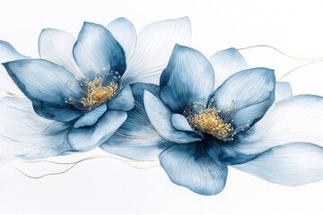 Wall Mural - blue floral art with delicate petals and elegant gold accents