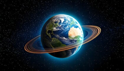 blue earth with fantasy orbital rings in a cosmic starry background