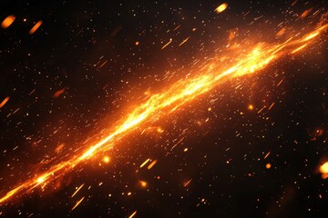 Canvas Print - Bright Orange Fire Spark Trail on Black Background with Glowing Particles