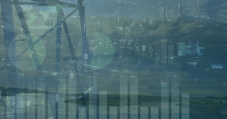 Wall Mural - Image of graphs and financial data over electricity pole at sunset
