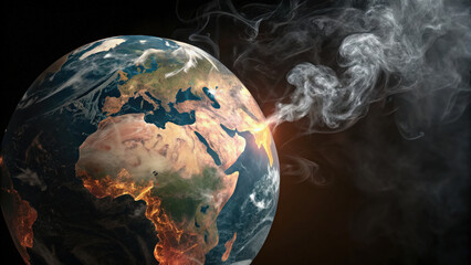 Poster - 3D rendered globe is enveloped in swirling cigarette smoke, highlighting environmental concerns. image captures Earth with focus on Africa and Europe, emphasizing pollution