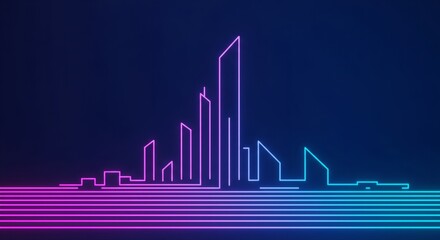 Neon city skyline on dark background with gradient colors. Futuristic urban landscape. Retro wave style graphic for artificial intelligence and smart city concept