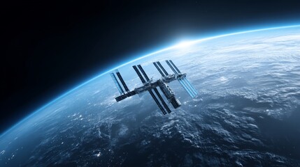 Wall Mural - space station orbiting earth at sunrise - a majestic space station orbits earth, bathed in the golde