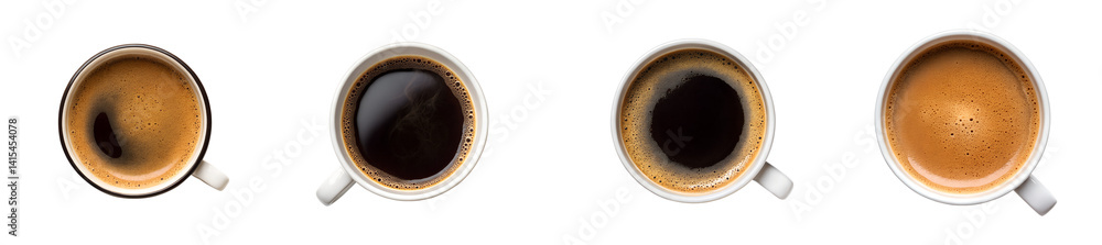 Four cups of coffee in varying shades from a top down view transparent ...