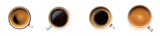 Four cups of coffee in varying shades from a top down view transparent background Generative AI