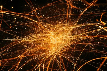 Canvas Print - Dynamic Golden Sparks and Glowing Lines on Black Background