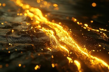 Canvas Print - Glowing Lava Flow on Dark Surface with Sparks and Light Reflections