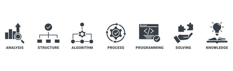 Banner of data science web vector illustration concept with icons of analysis, structure, algorithm, process, programming, solving, knowledge 