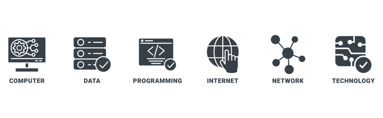 Information Technology banner web icon vector illustration concept with icon of computer, data, programming, internet, network, technology 