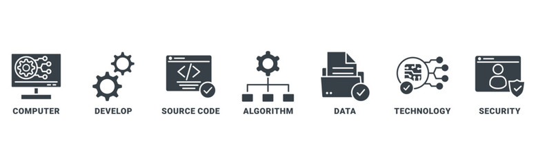 Programming banner web icon vector illustration concept with icon of computer, develop, source code, algorithm, data, technology, security 