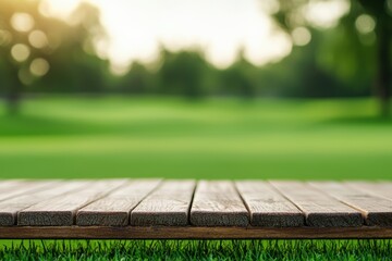 Fototapete - Elegant wooden table with golf course view
