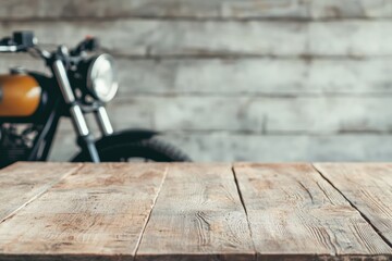 Aufkleber - Empty wooden table presenting stylish biker accessories in rustic garage setting
