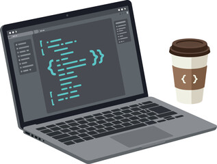 Laptop computer with code on screen and takeaway coffee cup flat design vector illustration