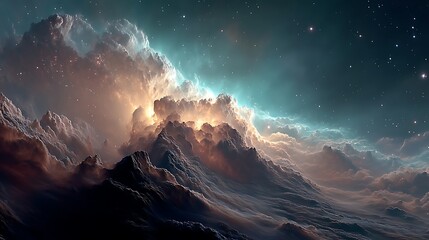 cosmic vista featuring celestial clouds, glowing light & starry night sky