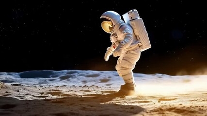 Wall Mural - astronaut in white spacesuit walking across lunar terrain with dust clouds, starry black space backg