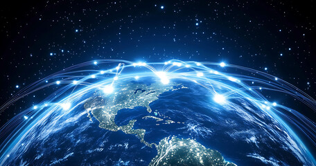 global network connections illuminating earth at night