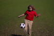 © Volodymyr - A kid is playing football. A child kicks the soccer ball. Kids sport. Kid football player runs toward goal. Kid kicking football ball. A sporty child enjoys the football. Kids are playing foot ball.