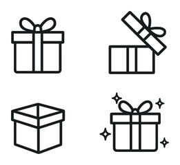 minimalist gift box icon set: unwrapping, presenting, celebrating, sparkling in linear style