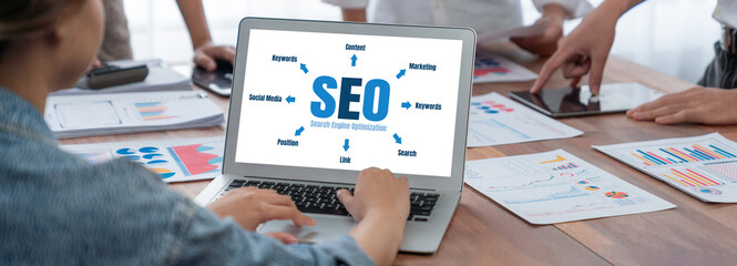 Aufkleber - SEO search engine optimization for brisk e-commerce and online retail business showing on computer screen
