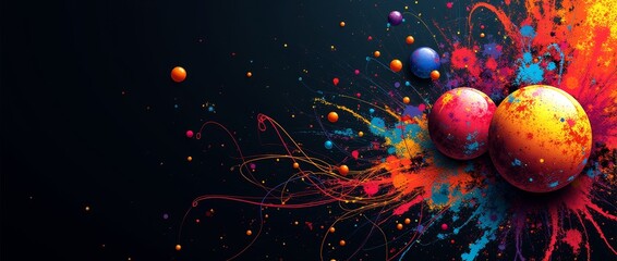 Wall Mural - abstract colorful cosmic scene with vibrant spheres against a dark background. bright paint splashes