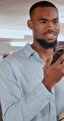 Poster - Black man, student and voice with phone in library for communication, audio message and chat for education. Person, walking and speaker with mobile app for conversation, sound and studying feedback