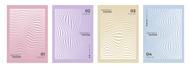 Poster - Set of lines wave style abstract posters. Wavy line patterns. Minimalist cover templates. Futuristic backgrounds for creative graphic design. Vector illustration.