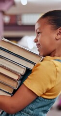 Poster - Child, student and walk with books in library for knowledge, literacy and information on story. Smile, girl and carrying novel with academic reading, literature development and studying for education