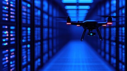 Wall Mural - A drone hovers in a data center surrounded by rows of servers. The environment is bathed in blue light, highlighting the technology and creating an intriguing atmosphere