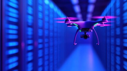 Wall Mural - A high-tech drone hovers inside a modern data center, showcasing its capabilities amidst rows of server racks. The ambient blue lighting enhances the futuristic atmosphere